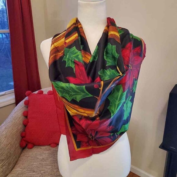 Vintage Silk Poinsettia Horn Holiday Scarf - Picture 7 of 8